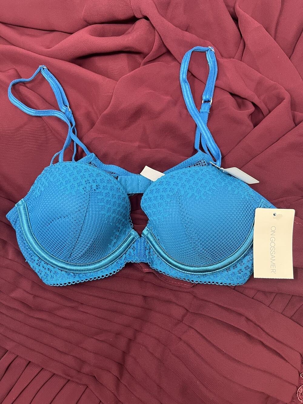 On Gossamer NWT US 32B Blue Demi Plunge G3112 Underwire Lace Bra